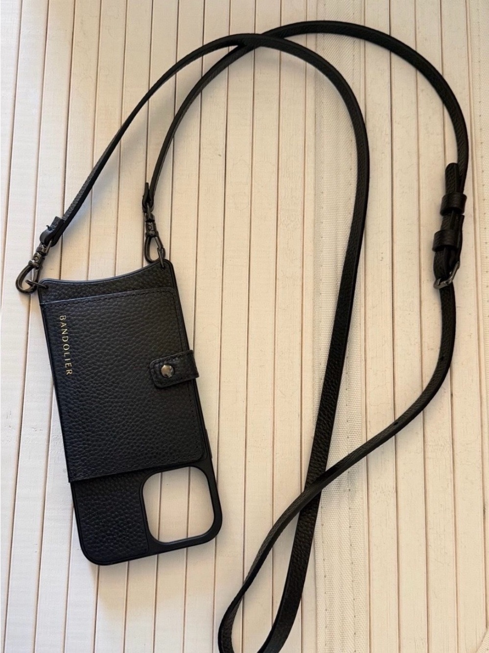 Bandolier Black Pebble Leather Crossbody Phone Wallet with Strap Gunmetal